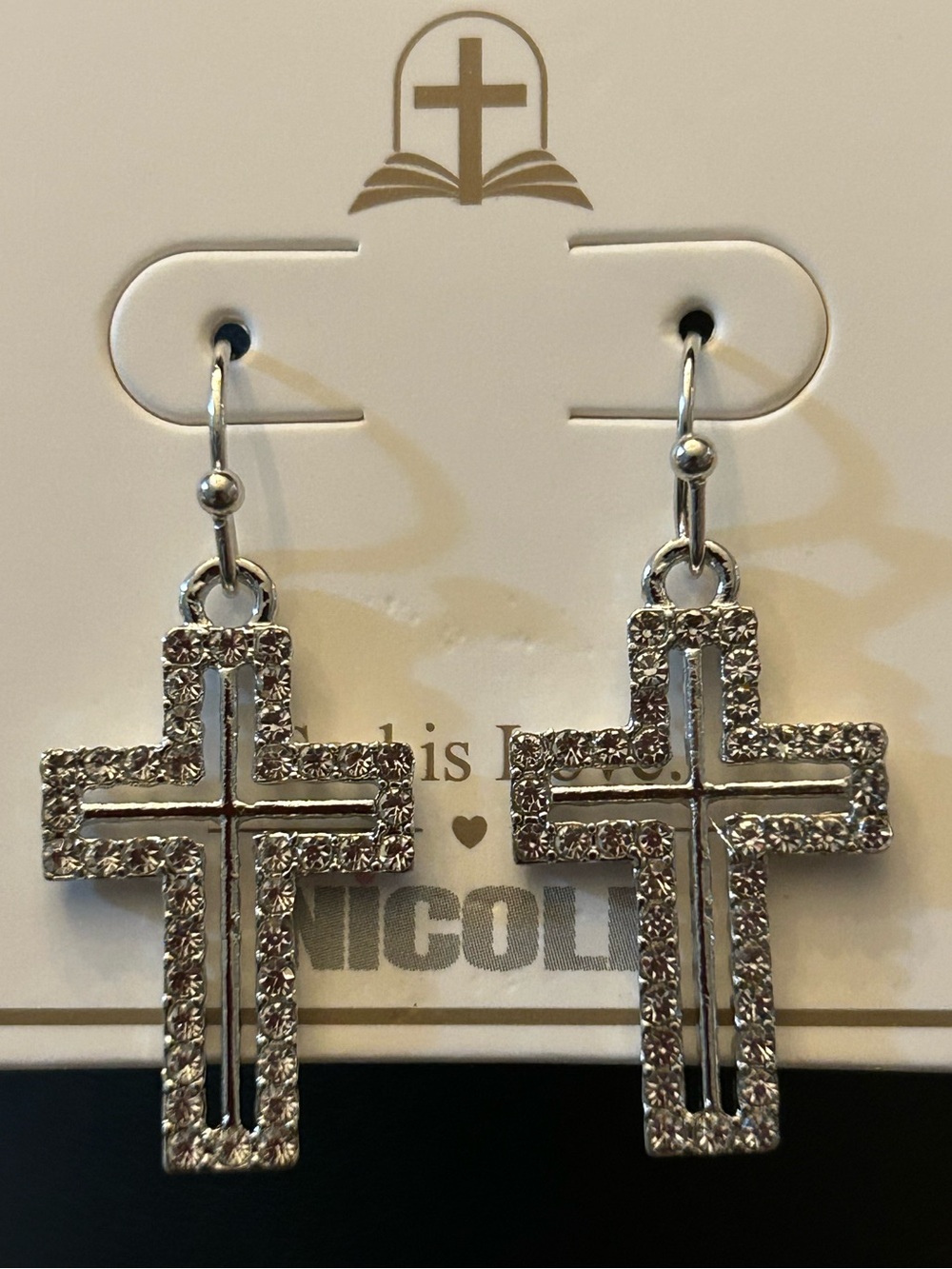 Nicole Silver-Tone Rhinestone Crystal Cross Drop Pierced Earrings NWT